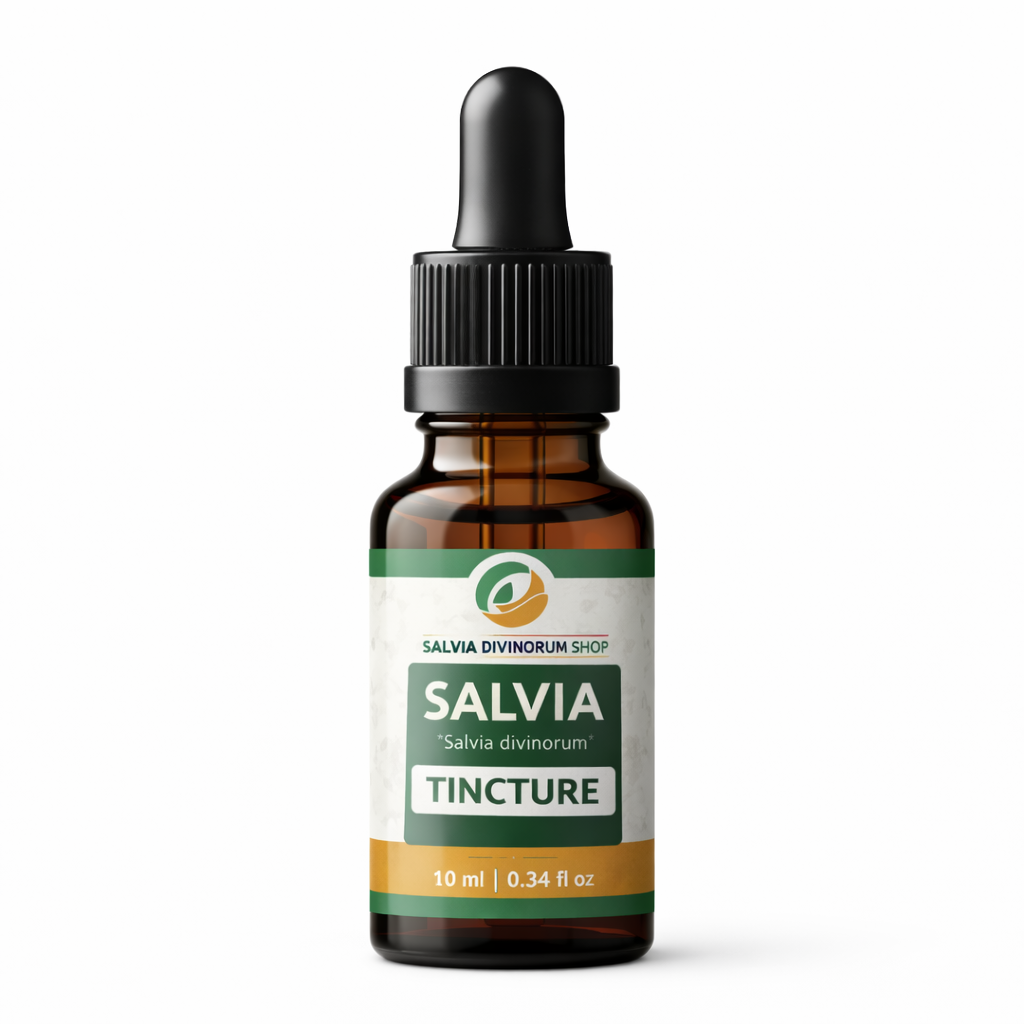 Salvia divinorum tincture shown in a clear glass bottle, highlighting natural color and clarity